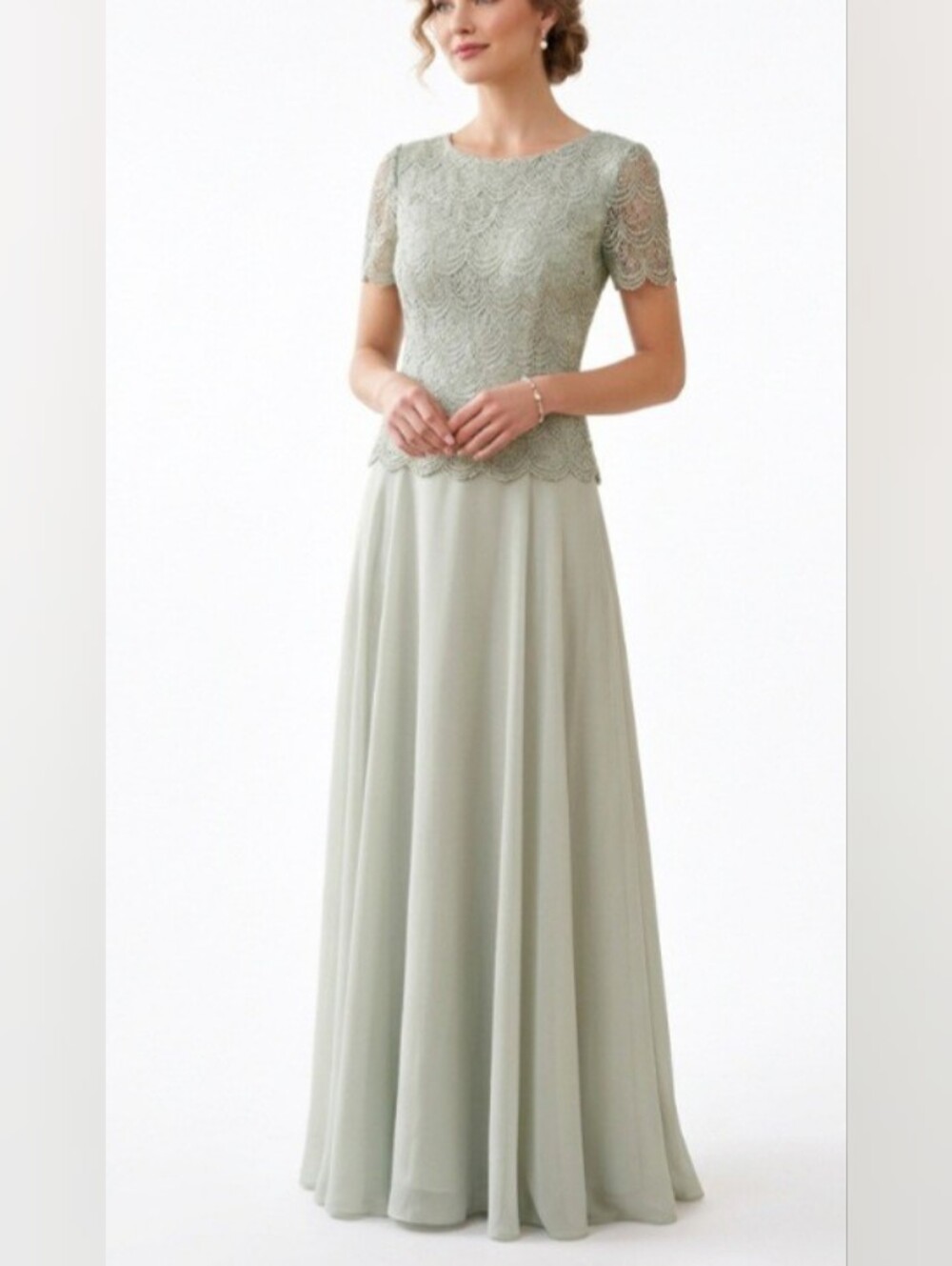 Vintage After Dark Sage Green Lace Overlay Chiffon Maxi Dress- Size 12
